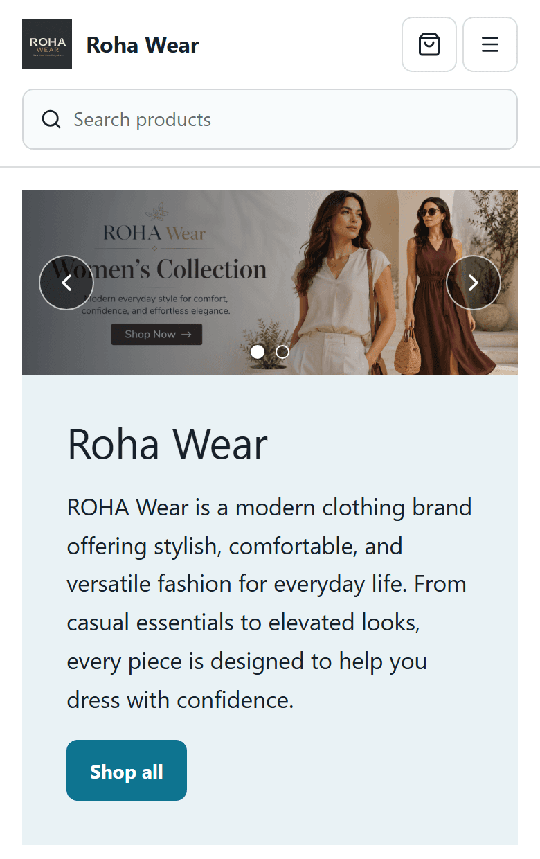 Roha Wear storefront demonstration as seen on a mobile screen.